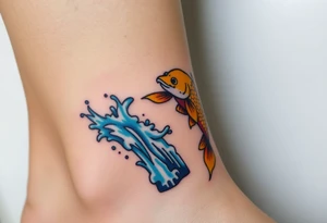 A powerful golden koi fish leaping up a waterfall, symbolizing perseverance and ambition, with vibrant blue water splashes. tattoo idea