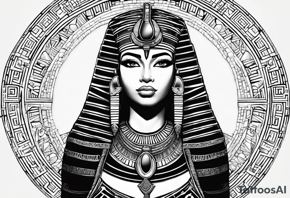 Egyptian figure girl. The figure should be from the hips, featuring a regal headdress and detailed facial markings reminiscent of ancient Egyptian art. Include mystical and symbolic elements such as the Eye of Horus and ankh, blending subtly with geometric background patterns. tattoo idea