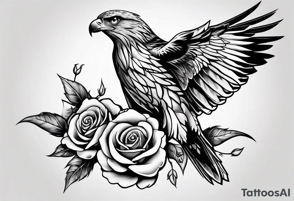 Hawk with rose in beak flying down tattoo idea