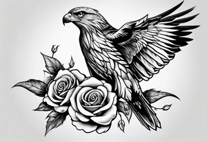 Hawk with rose in beak flying down tattoo idea