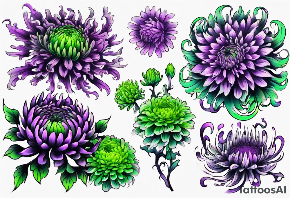 chrysanthemum Sleeve purple and neon green tattoo idea