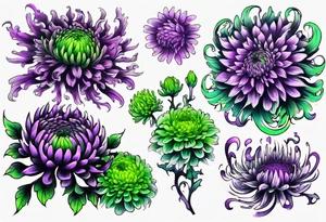 chrysanthemum Sleeve purple and neon green tattoo idea