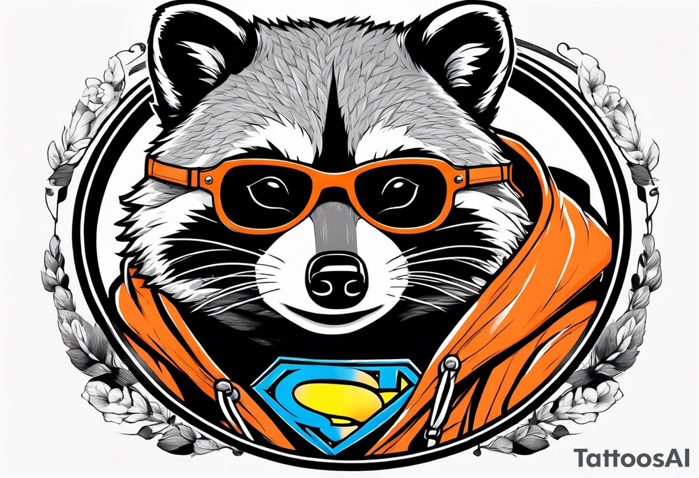 Raccoon wearing an orange Superman hoodie tattoo idea