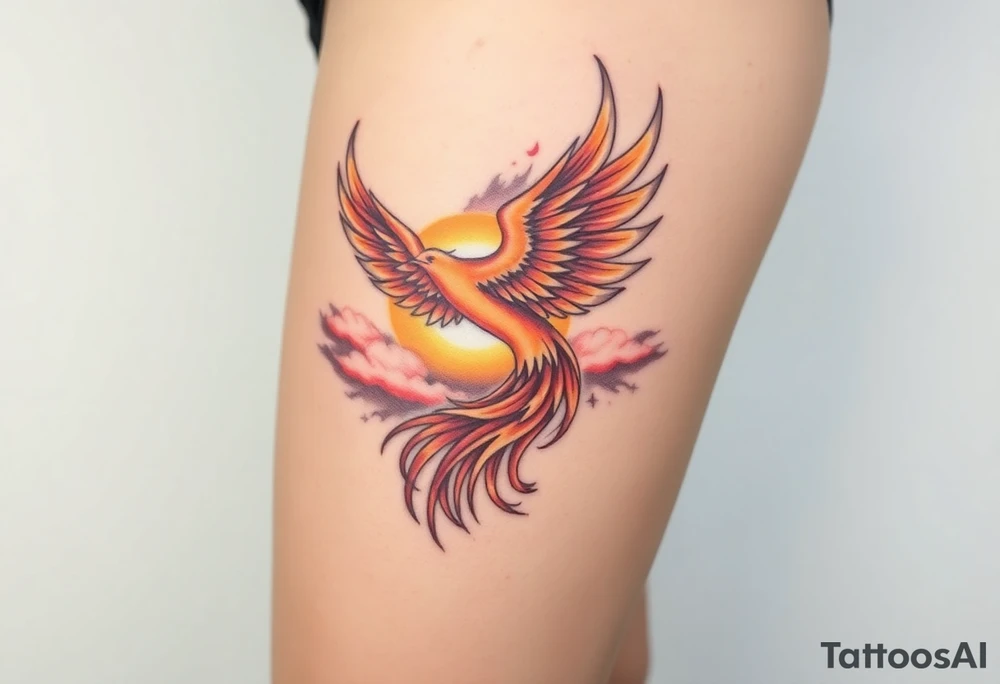magnificent  phoenix rising from flames with trailing embers  and golden sunset and sky with puffy clouds and heaven backdrop tattoo idea