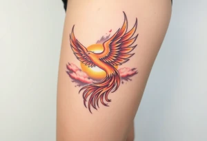magnificent  phoenix rising from flames with trailing embers  and golden sunset and sky with puffy clouds and heaven backdrop tattoo idea