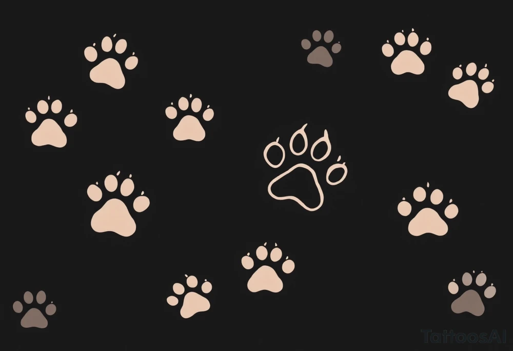 Negative Space Paw Prints – Skin-tone cutouts in a dark shaded background, creating the illusion of paw prints through light and shadow contrast. tattoo idea
