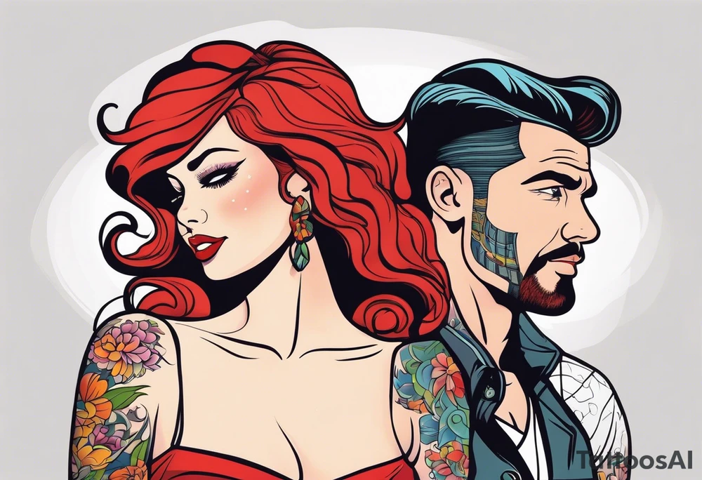 Busty Red haired woman with tall black haired man tattoo idea