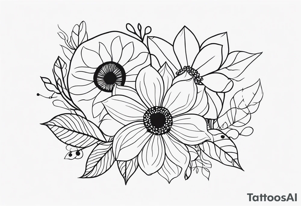 Create a whimsical floral tattoo with abstract shapes and soft curves, capturing the essence of femininity in a minimalist style. tattoo idea
