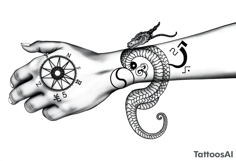 Blackwork tattoo from hand to elbow in a tribal, spiritual style. Vegvisir compass on the hand, carved in rough rune style, inside a radiant Thai sun disc. Each finger has a minimal rune: Tiwaz, Eiwaz, Algiz, Sowilo, Ansuz. A coiling serpent or dragon wraps the forearm — Japanese flow with a Viking beast head. Inside the coil is a Yin-Yang with a broken runic circle, tiny sun and moon inside. Vertical script on the inner forearm: either Bushidō (武士道) or Old Norse runes. Background includes Nordic knotwork, Thai swirls, Japanese waves. Hidden details: crossed swords, faint Hannya mask, sak yant diamonds. Bold black ink with rough, carved texture. tattoo idea