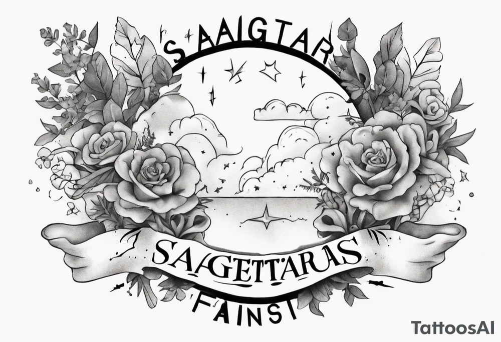a forearm tattoo with a cloud with little plants around the word sagittarius and underneath it the date 12.08.05 tattoo idea