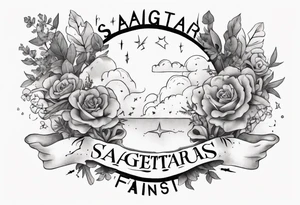 a forearm tattoo with a cloud with little plants around the word sagittarius and underneath it the date 12.08.05 tattoo idea