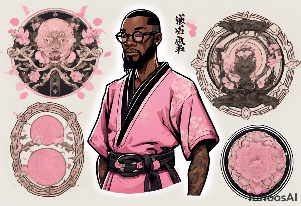 a medieval black man wearing round glasses, wearing pink belt wearing a black tunic tattoo idea