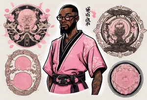 a medieval black man wearing round glasses, wearing pink belt wearing a black tunic tattoo idea
