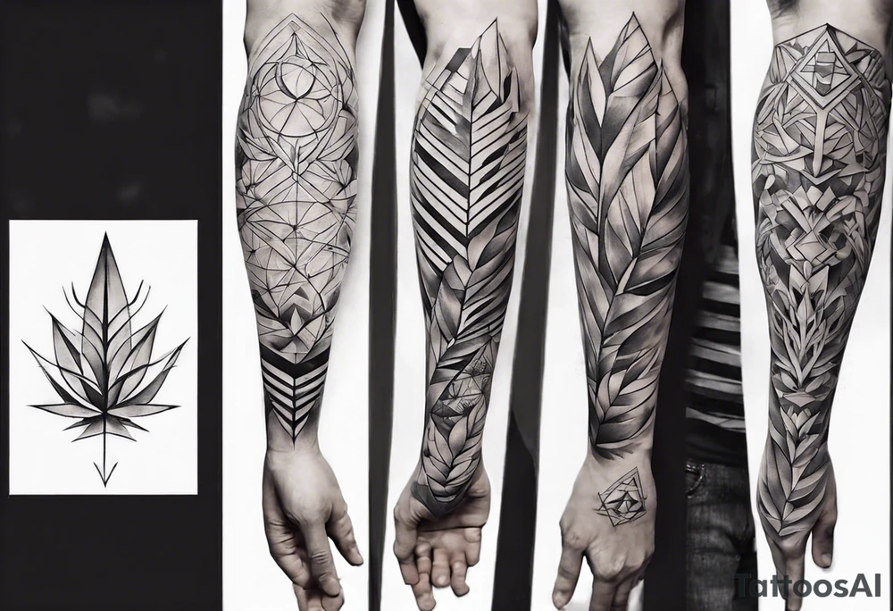 full arm tattoo. pointy leaves combined with geometric shapes. whole arm tattoo idea