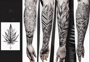 full arm tattoo. pointy leaves combined with geometric shapes. whole arm tattoo idea