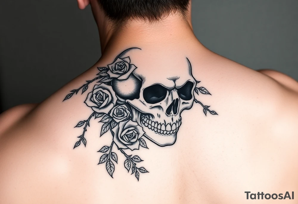 gothic skull intertwined with climbing roses and thorny vines tattoo idea