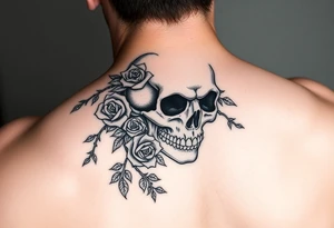 gothic skull intertwined with climbing roses and thorny vines tattoo idea