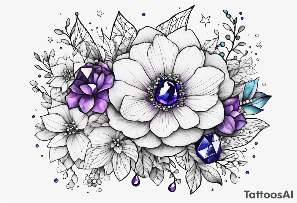Delicate but strong garter tattoo band with sprinkles of stars and the amethyst, blue sapphire and peridot birthstones tattoo idea