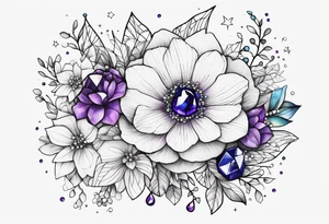 Delicate but strong garter tattoo band with sprinkles of stars and the amethyst, blue sapphire and peridot birthstones tattoo idea