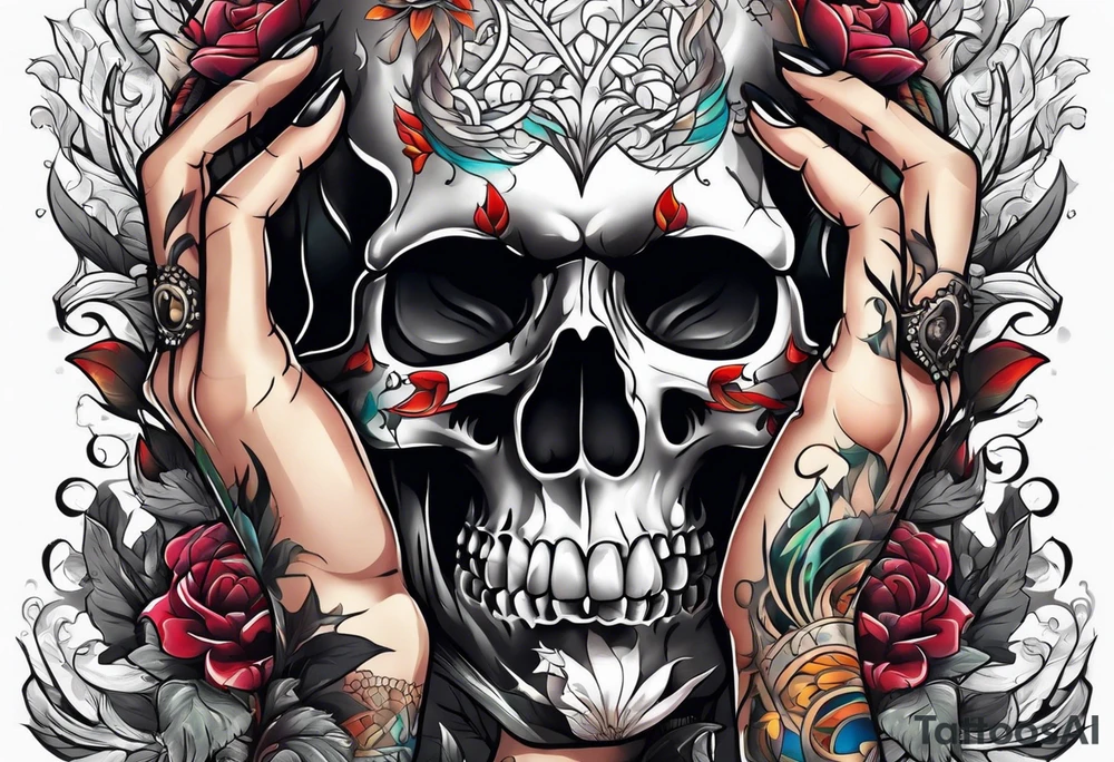 Skull with hands on face crying looking up tattoo idea