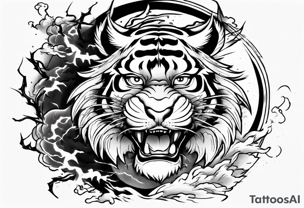 Tiger warrior with lightning and the sun for a forearm sleeve tattoo idea