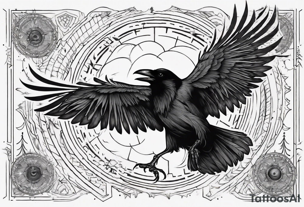 Cunning Raven flying towards the Sun. Mystic. tattoo idea