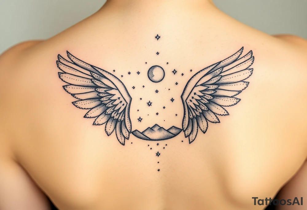 Night sky with constellation, stars  & moon seen from a frame of natural landscape angel wings spiritual tattoo idea