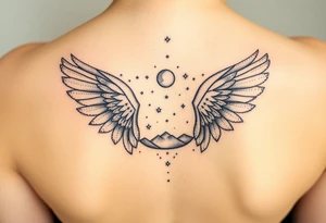 Night sky with constellation, stars  & moon seen from a frame of natural landscape angel wings spiritual tattoo idea