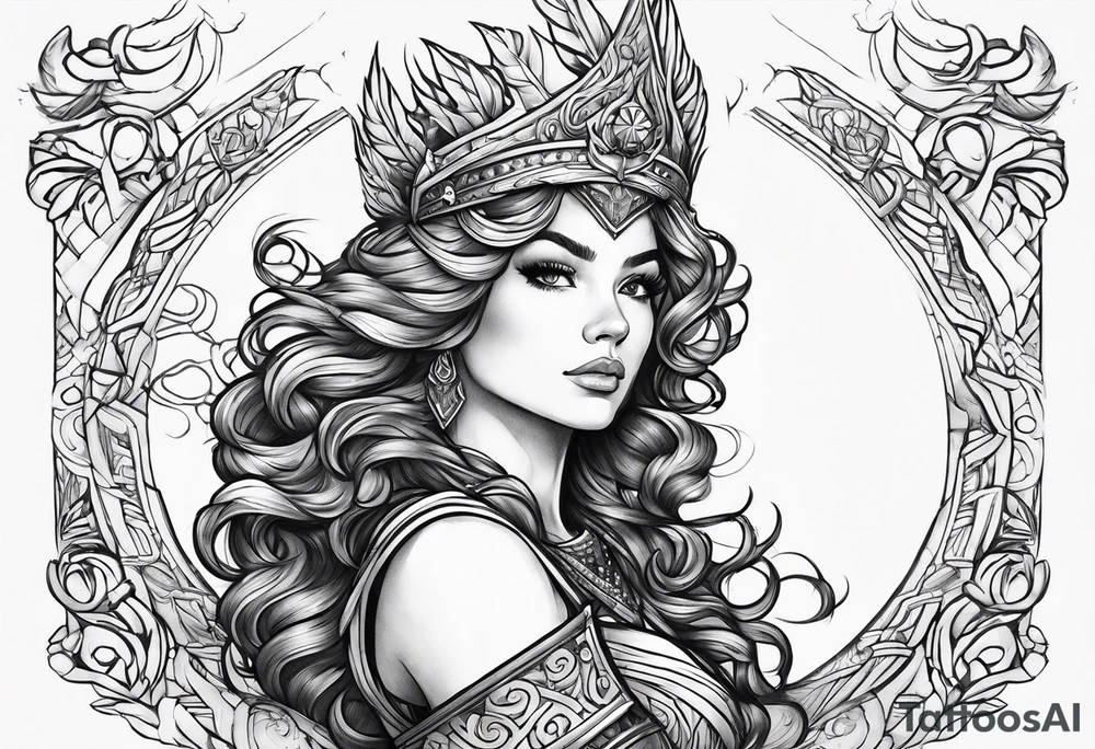 valkyrie curly hair princess half sleeve arm tattoo idea