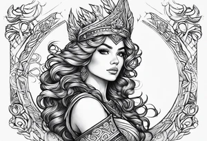 valkyrie curly hair princess half sleeve arm tattoo idea