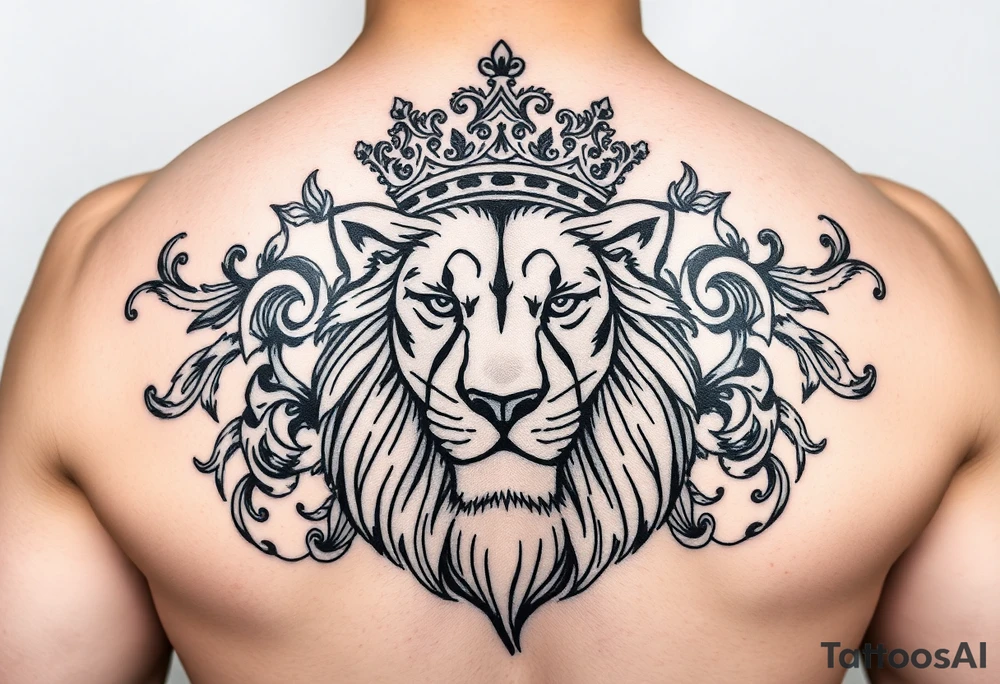 majestic lion wearing ornate crown, surrounded by baroque flourishes tattoo idea