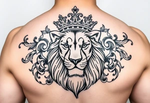 majestic lion wearing ornate crown, surrounded by baroque flourishes tattoo idea