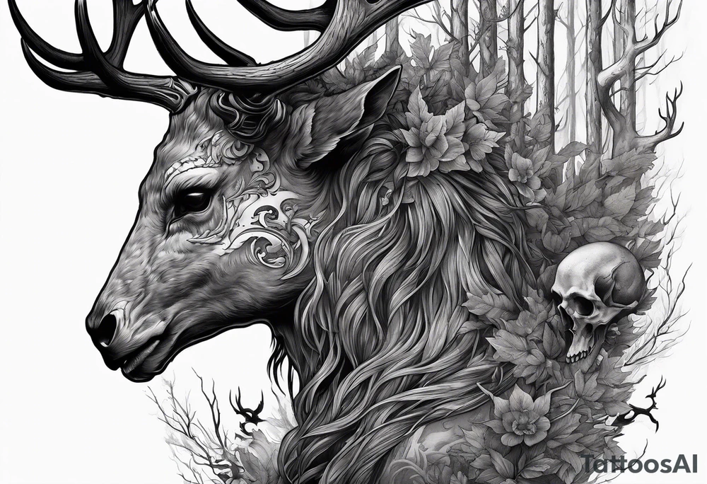 A side profile of a wendigo with a deer skull head, forest fire tattoo idea