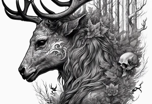 A side profile of a wendigo with a deer skull head, forest fire tattoo idea