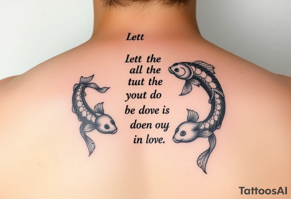 vertical verse going down the spine that says “ Let all that you do be done in love “ with two koi fish One on the Lower left of the verse and the other fish on the upper right of the verse tattoo idea