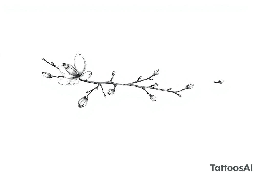Magnolia branch long with different small half opened flowers, botanical details tattoo idea