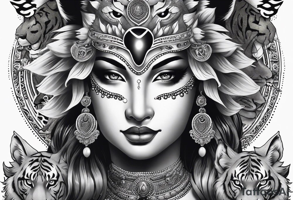 durga goddess, riding a tiger, kali, pirate, pachamama, chest tatoo tattoo idea