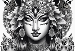 durga goddess, riding a tiger, kali, pirate, pachamama, chest tatoo tattoo idea