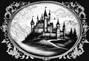 Fairytale castle in landscape, more black, less detailing, engraiving, etching tattoo idea