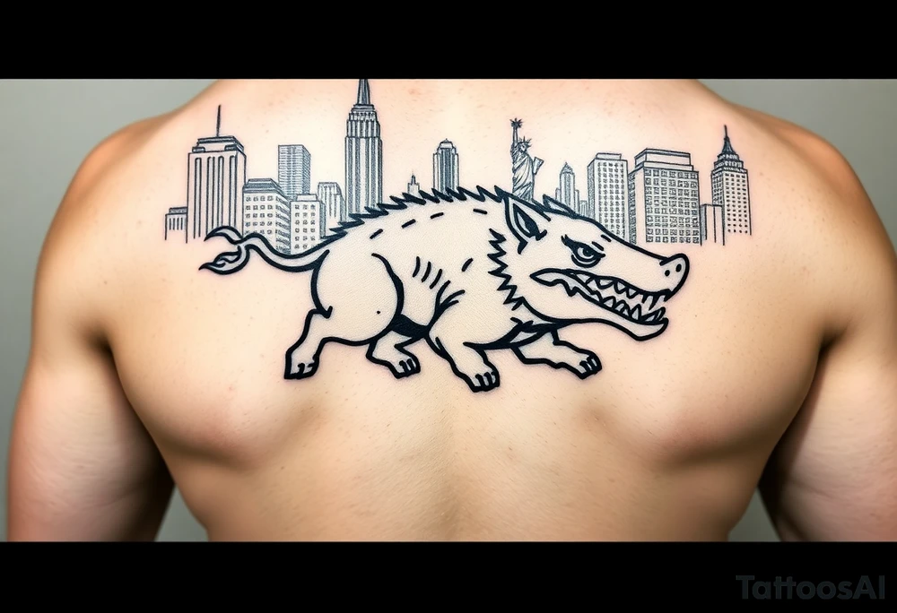 Arkansas razorback running through the streets of New York City with the Statue of Liberty in the background tattoo idea
