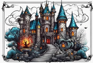 Horror tattoo with castle and monsters tattoo idea