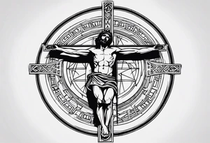 Crucified man inside a circle of Roman numerals tattoo idea