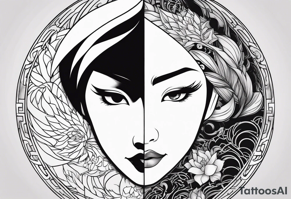 Mulan split face yin & yang tattoo idea