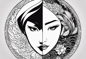 Mulan split face yin & yang tattoo idea