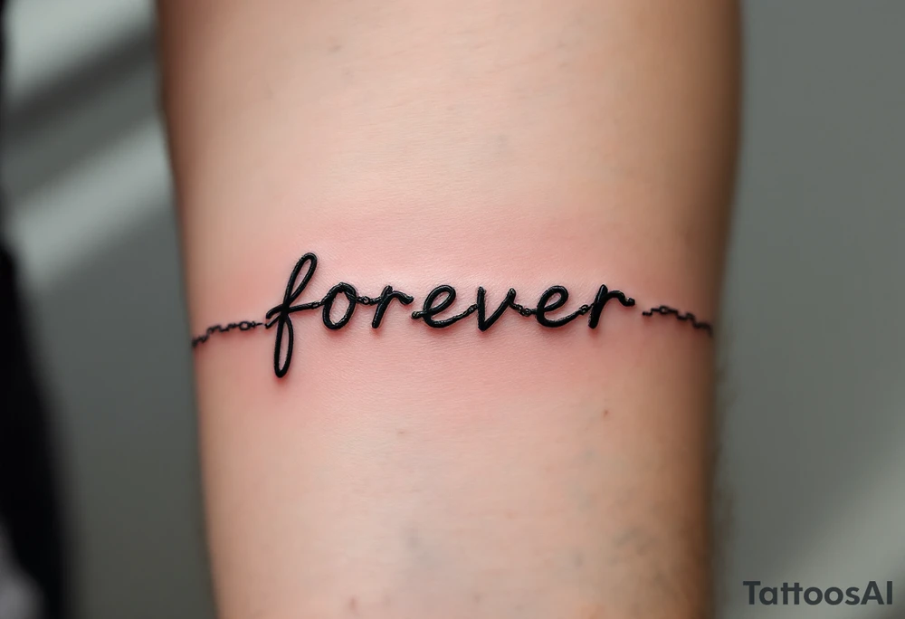A delicate chain spelling "forever" in soft gray, with a tiny broken link near the end. tattoo idea