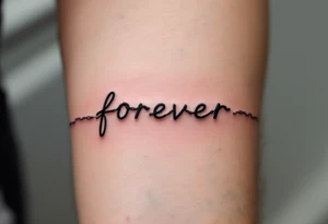 A delicate chain spelling "forever" in soft gray, with a tiny broken link near the end. tattoo idea