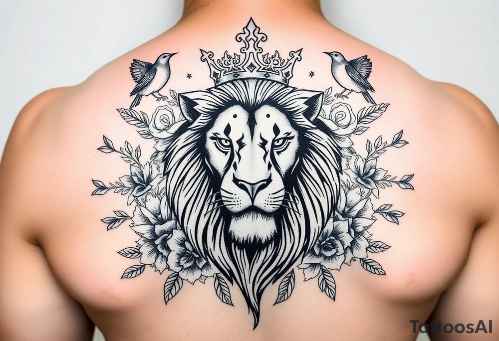 powerful majestic lion with a crown, surrounded by floral ornaments and birds tattoo idea