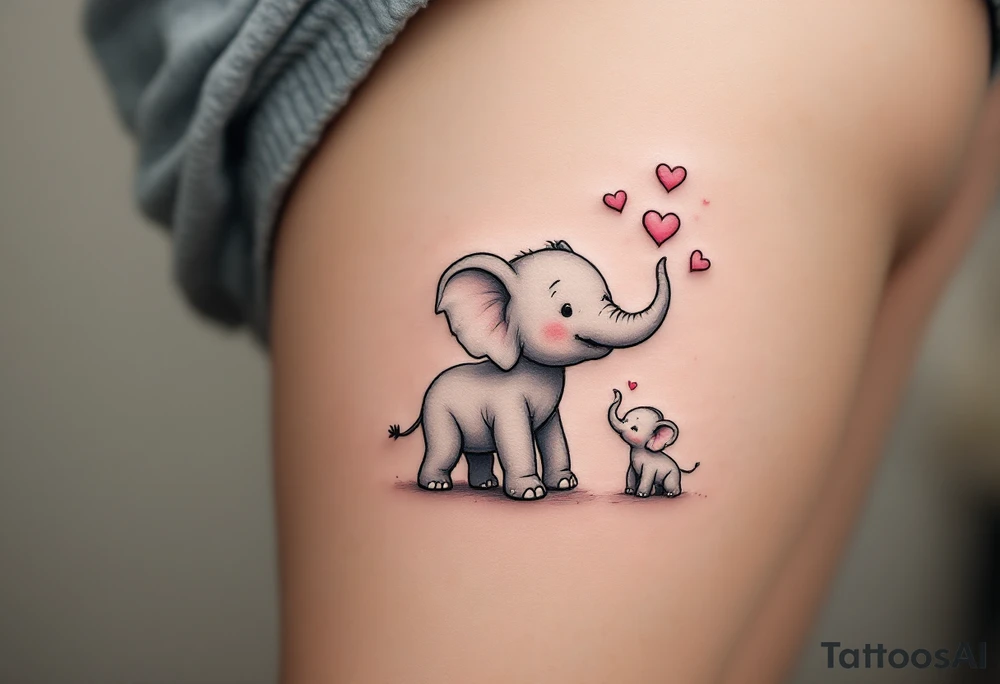 A mother elephant in grey ink walking trunk-to-tail with her baby, with pink hearts floating above, shows gentle guidance and love. tattoo idea