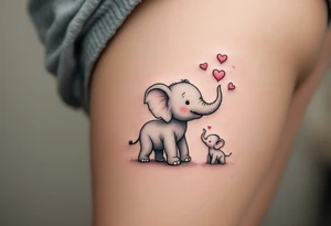 A mother elephant in grey ink walking trunk-to-tail with her baby, with pink hearts floating above, shows gentle guidance and love. tattoo idea