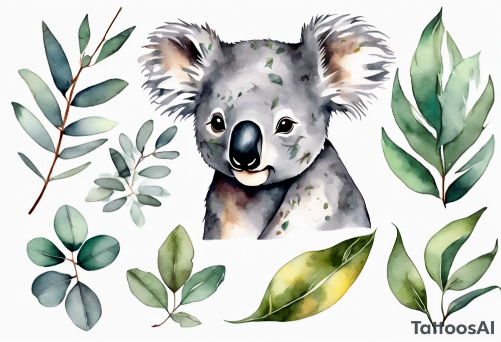 Small koala with eucalyptus leaves and wattle leaves tattoo idea